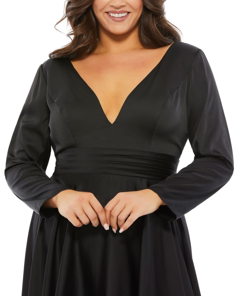 Satin Long Sleeve Sweetheart Flowy Midi Dress BLACK